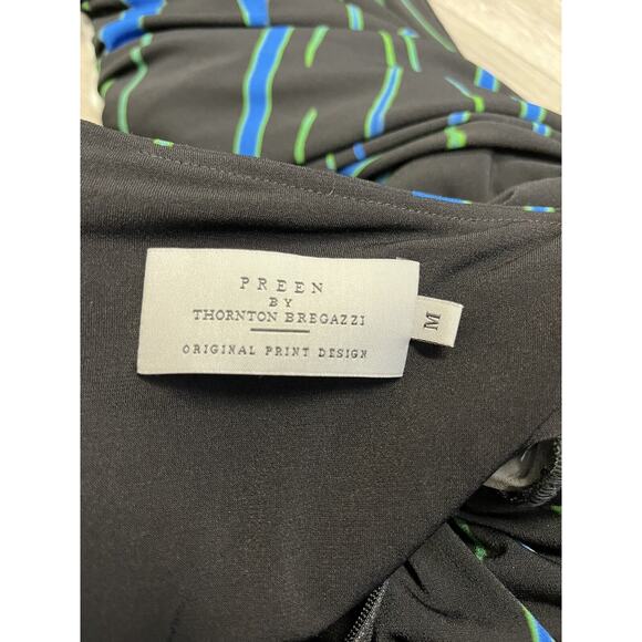 PREEN BY THORNTON BREGAZZI Black Multi Striped Stretch Crepe Midi Dress M - Picture 3 of 3